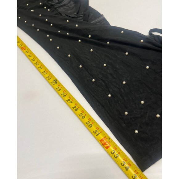 Sexy Black Sheer Mesh Pearl Embellished Two-Piece Set Ruffle Chaps Women Size XL - Picture 14 of 16